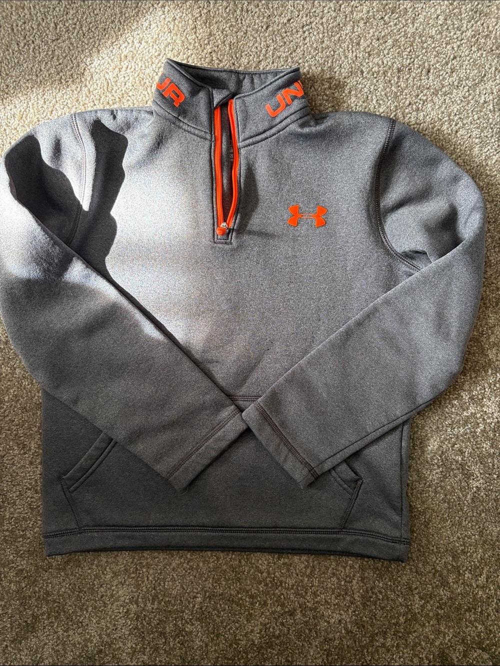Under Armour Gray Quarter-Zip Pullover with Orange Logo Accents cold gear